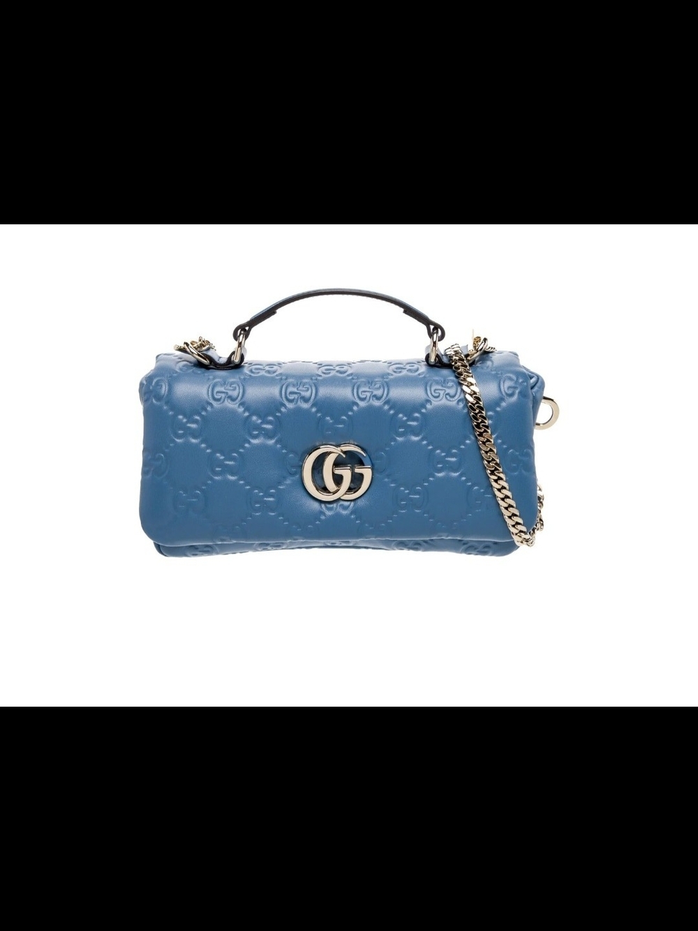 Double G Milano Mini Blue Embossed Top Handle Shoulder Bag with Chain